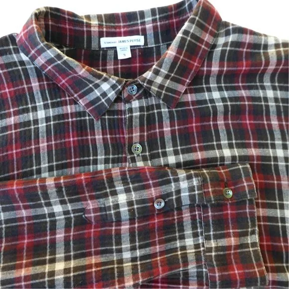James Perse Brown Plaid Shirt Cotton Blend Long Sleeve Button Front 3 Large L